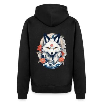 Weißer Kitsune Fuchs Japanische Kirschblüten - Unisex Premium Bio Zip Hoodie - Schwarz - Hinten - Nico (187cm)