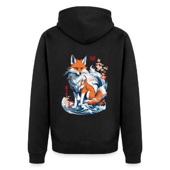 Ukiyo-E Kunst Stil Japanische Kitsune Fuchs - Unisex Premium Bio Zip Hoodie - Schwarz - Hinten - Nico (187cm)