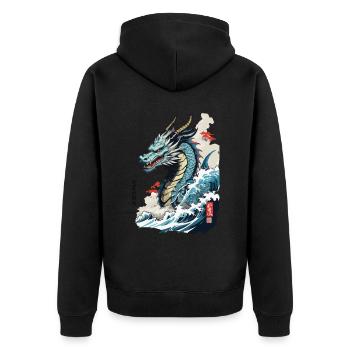 Vintage Ukiyo-E Kunst Japanischer Drache mit Kanji - Unisex Premium Bio Zip Hoodie - Schwarz - Hinten - Nico (187cm)