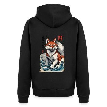 Vintage Ukiyo-E Stil Japanische Kitsune Fuchs - Unisex Premium Bio Zip Hoodie - Schwarz - Hinten - Nico (187cm)