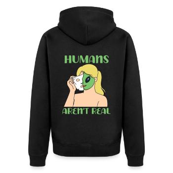 "Humans Aren't Real", lustiges Comic, Space Alien - Unisex Premium Bio Zip Hoodie - Schwarz - Hinten - Nico (187cm)