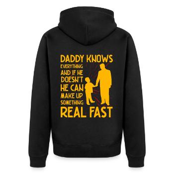 Papa weiß alles - Unisex Premium Bio Zip Hoodie - Schwarz - Hinten - Nico (187cm)