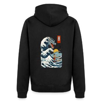Ukiyo-E Japan Welle Vintage Japanische Drachen - Unisex Premium Bio Zip Hoodie - Schwarz - Hinten - Nico (187cm)
