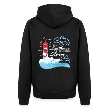 Be A Lighthouse Leuchtturm - Unisex Premium Bio Zip Hoodie - Schwarz - Hinten - Nico (187cm)