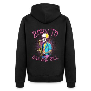 Lustiges Saxophon Design Zum Saxophonisten Geboren - Unisex Premium Bio Zip Hoodie - Schwarz - Hinten - Nico (187cm)