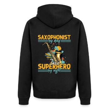 Conception de super-héros de saxophone amusant pour la musique jazz - Veste à capuche bio Premium Unisexe - noir - Dos - Nico (187cm)