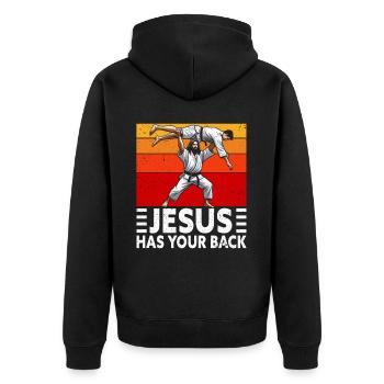 Jesus Hat Deinen Rücken BJJ Jiu Jitsu Christian - Unisex Premium Bio Zip Hoodie - Schwarz - Hinten - Nico (187cm)