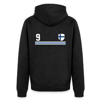 Entdecken Sie Helsinki mit der finnischen Flagge - Unisex Premium Bio Zip Hoodie - Schwarz - Hinten - Nico (187cm)
