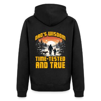 Papas Weisheit bewährt und wahr - Unisex Premium Bio Zip Hoodie - Schwarz - Hinten - Nico (187cm)