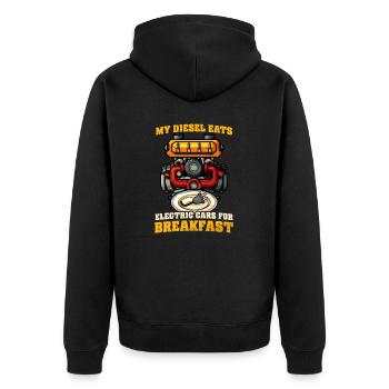 Dieselauto-Liebhaber Diesel isst Elektro für Frühstück - Unisex Premium Bio Zip Hoodie - Schwarz - Hinten - Nico (187cm)