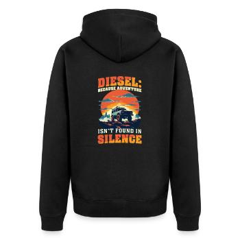 Das Abenteuer für Dieselautoliebhaber findet sich nicht in der Stille - Unisex Premium Bio Zip Hoodie - Schwarz - Hinten - Nico (187cm)