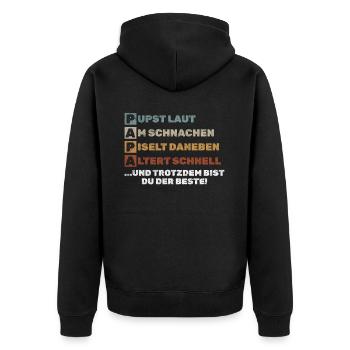 PAPA – Pupst laut, Am schnarchen, Piselt daneben - Unisex Premium Bio Zip Hoodie - Schwarz - Hinten - Nico (187cm)