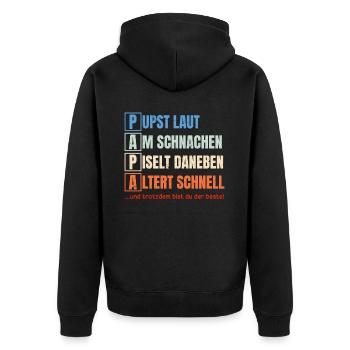 PAPA – Pupst laut, Am schnarchen, Piselt daneben - Unisex Premium Bio Zip Hoodie - Schwarz - Hinten - Nico (187cm)