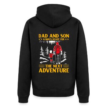 Papa und Sohn immer bereit für das nächste Abenteuer - Unisex Premium Bio Zip Hoodie - Schwarz - Hinten - Nico (187cm)