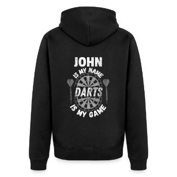 Robuster personalisierter Dartspieler-Designname John - Unisex Premium Bio Zip Hoodie - Schwarz - Hinten - Nico (187cm)