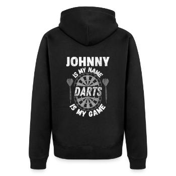 Personalisiertes Dartshirt mit Namen Johnny, Dart-Fan - Unisex Premium Bio Zip Hoodie - Schwarz - Hinten - Nico (187cm)