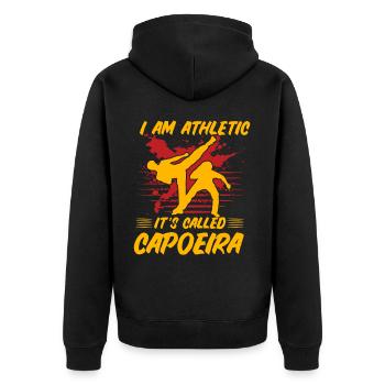 Ich bin athletisch, es heißt Capoeira - Unisex Premium Bio Zip Hoodie - Schwarz - Hinten - Nico (187cm)