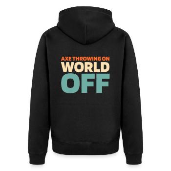 Axtwerfen Axtwerfer Axe Throwing On World Off - Unisex Premium Bio Zip Hoodie - Schwarz - Hinten - Nico (187cm)