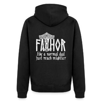 Wikinger Papa Vathor Wikinger Spruch Design - Unisex Premium Bio Zip Hoodie - Schwarz - Hinten - Nico (187cm)