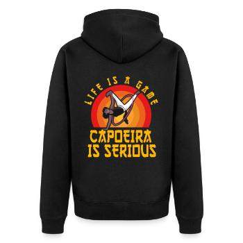 Das Leben ist ein Spiel Capoeira ist ernst - Unisex Premium Bio Zip Hoodie - Schwarz - Hinten - Nico (187cm)