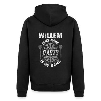 T-shirt de fléchettes personnalisé pour Willem - Veste à capuche bio Premium Unisexe - noir - Dos - Nico (187cm)