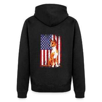 basenji american flag, basenji - Unisex Premium Bio Zip Hoodie - Schwarz - Hinten - Nico (187cm)