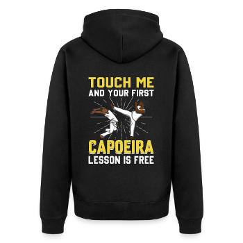 Berühre mich und deine erste Capoeira-Lektion ist kostenlos - Unisex Premium Bio Zip Hoodie - Schwarz - Hinten - Nico (187cm)