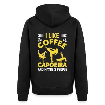 Ich mag Kaffee Capoeira und vielleicht 3 Personen - Unisex Premium Bio Zip Hoodie - Schwarz - Hinten - Nico (187cm)