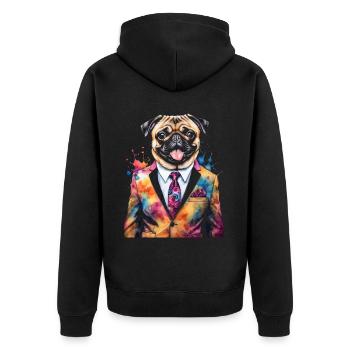 Mops Anzug Hund Bunt Lustig Tier Design Print - Unisex Premium Bio Zip Hoodie - Schwarz - Hinten - Nico (187cm)