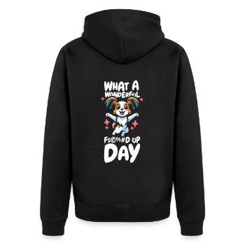 Papillon Witzig Fucked Up Day - Unisex Premium Bio Zip Hoodie - Schwarz - Hinten - Nico (187cm)