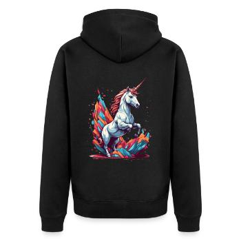 Einzigartiges Einhorn Fantasie Leuchtende Farben - Unisex Premium Bio Zip Hoodie - Schwarz - Hinten - Nico (187cm)