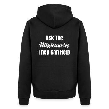 Fragen Sie Die Missionare, Ob Sie Helfen Können. - Unisex Premium Bio Zip Hoodie - Schwarz - Hinten - Nico (187cm)