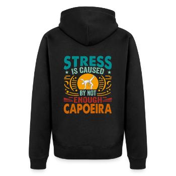 Stress wird durch zu wenig Capoeira verursacht - Unisex Premium Bio Zip Hoodie - Schwarz - Hinten - Nico (187cm)