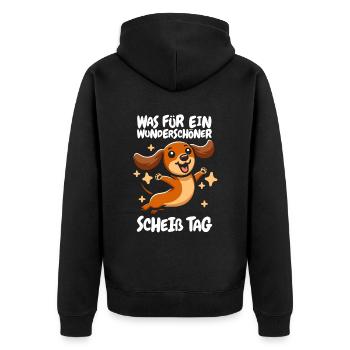 Dackel Dachshund Lustig - Unisex Premium Bio Zip Hoodie - Schwarz - Hinten - Nico (187cm)