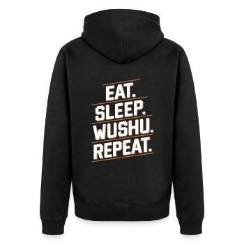 Wushu Spieler Geschenk - Unisex Premium Bio Zip Hoodie - Schwarz - Hinten - Nico (187cm)