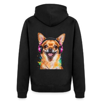 Chihuahua Kopfhörer Hund Lustig Tier Design Print - Unisex Premium Bio Zip Hoodie - Schwarz - Hinten - Nico (187cm)
