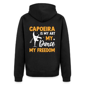 Capoeira ist meine Kunst, mein Tanz, meine Freiheit - Unisex Premium Bio Zip Hoodie - Schwarz - Hinten - Nico (187cm)