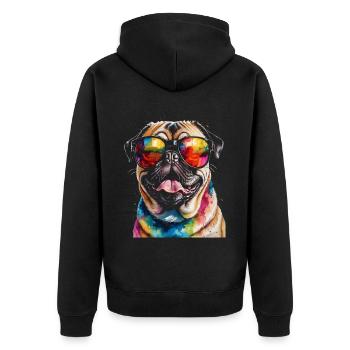 Mops Sonnenbrille Hund Bunt Lustig Design Print - Unisex Premium Bio Zip Hoodie - Schwarz - Hinten - Nico (187cm)