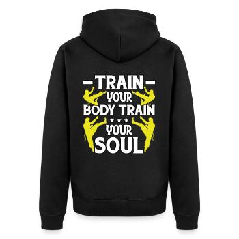 Trainiere deinen Körper, trainiere deine Seele - Unisex Premium Bio Zip Hoodie - Schwarz - Hinten - Nico (187cm)