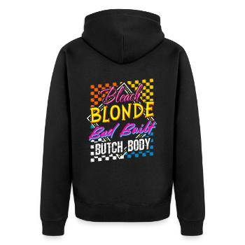 Retro design: beach blonde, poorly built – - Unisex Premium Organic Zip Hoodie - black - Back - Nico (187cm)