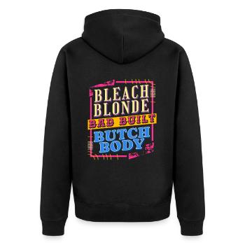 Retro design: beach blonde, poorly built – - Unisex Premium Organic Zip Hoodie - black - Back - Nico (187cm)