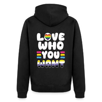 Love Who You Want – Gay Pride Month - Unisex Premium Organic Zip Hoodie - black - Back - Nico (187cm)