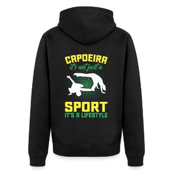 Capoeira ist nicht nur ein Sport, es ist ein Lebensstil - Unisex Premium Bio Zip Hoodie - Schwarz - Hinten - Nico (187cm)