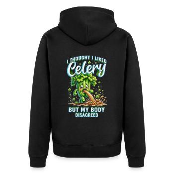 Sellerieallergie I Thought I Liked Celery - Unisex Premium Bio Zip Hoodie - Schwarz - Hinten - Nico (187cm)