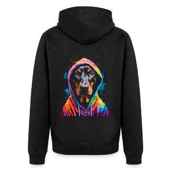 Dobermann Hoodie Hund Bunt Lustig Tier Print - Unisex Premium Bio Zip Hoodie - Schwarz - Hinten - Nico (187cm)