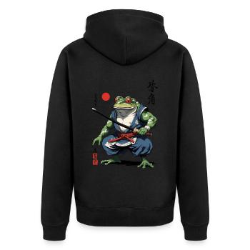 Samurai Frosch Vintage Ukiyo-e Stil Kunstwerk - Unisex Premium Bio Zip Hoodie - Schwarz - Hinten - Nico (187cm)