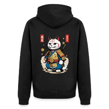 Samurai Katze im Ästhetischen Japan Stil - Unisex Premium Bio Zip Hoodie - Schwarz - Hinten - Nico (187cm)