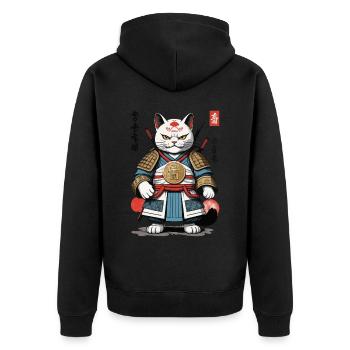 Samurai Katze im Anime Streetwear Look - Unisex Premium Bio Zip Hoodie - Schwarz - Hinten - Nico (187cm)