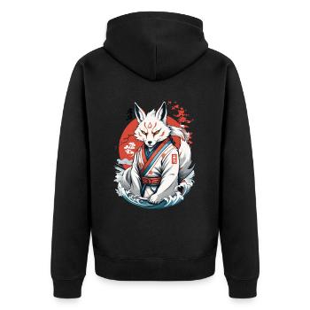 Kitsune Samurai Fox Vintage Ukiyo-e Style - Unisex Premium Organic Zip Hoodie - black - Back - Nico (187cm)