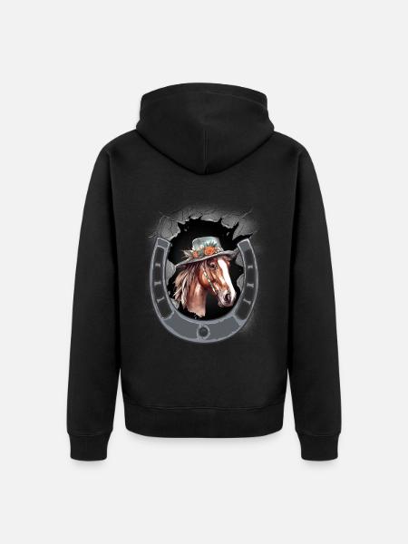 Herradura, Cabeza de caballo, Caballo, Jinete de caballos - Chaqueta con capucha prémium ecológica unisex - negro